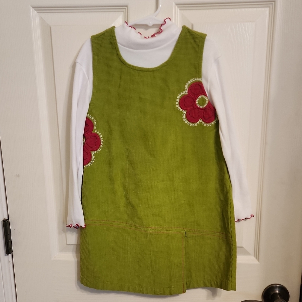 Samantha Says Green Corduroy  Dress with Pink Flower Accents